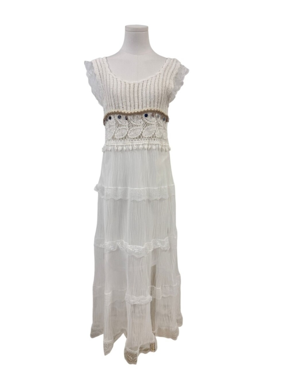 POL White Crochet Bodice Tiered Maxi Dress